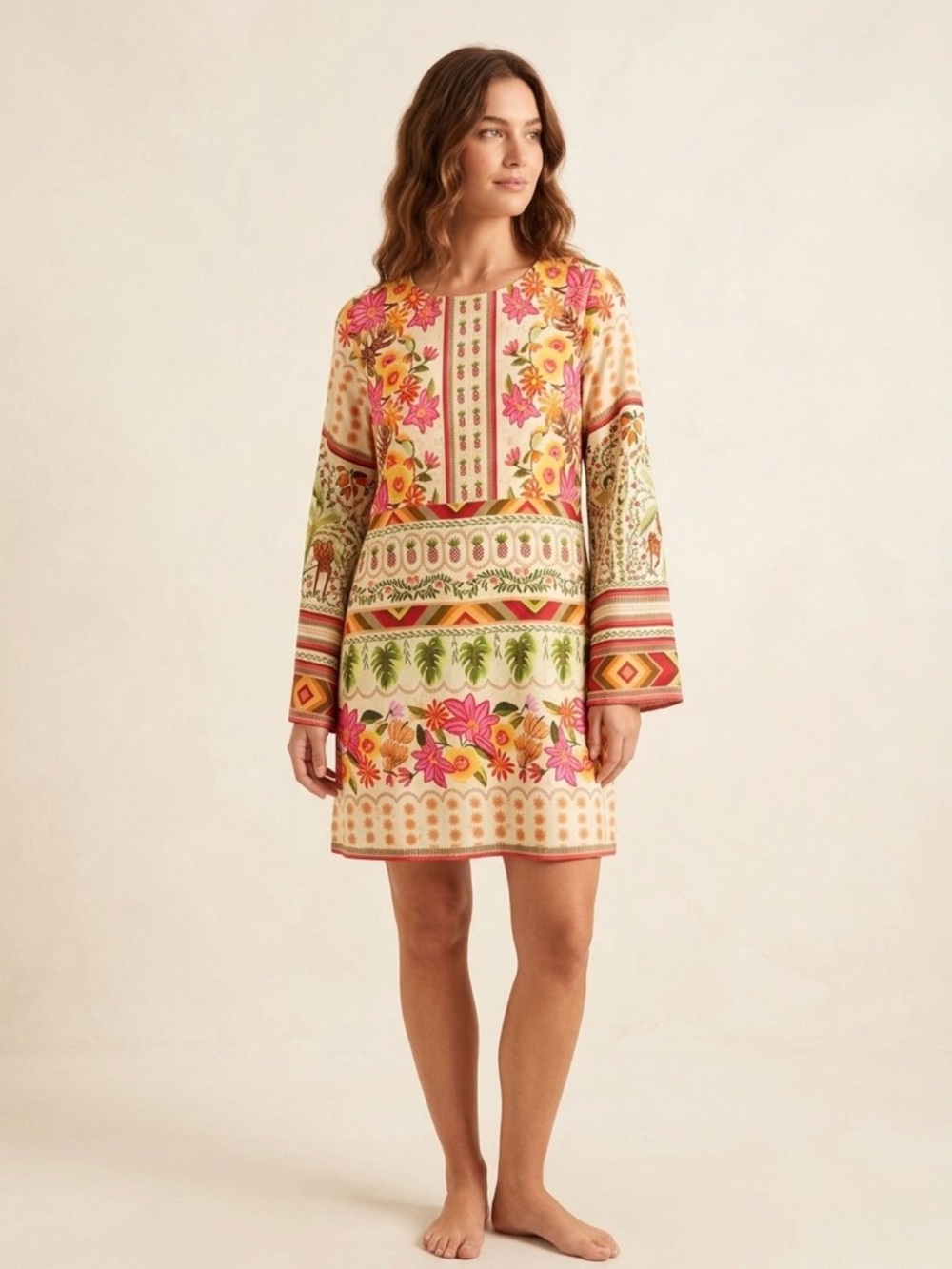 Celina Moon Multicolor Floral Bell Sleeve Viscose Shift Dress Size Small